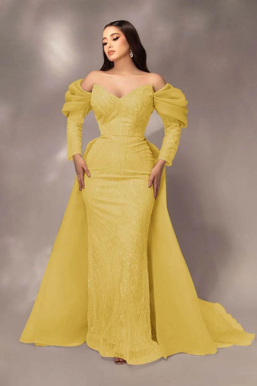 Daisda Glamorous Sequins Off the Shoulder Long Sleeves Mermaid Prom Dress with Pleated