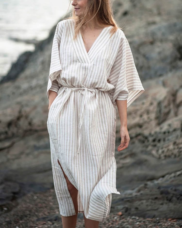 Casual Striped V-Neck Tie Linen Dress
