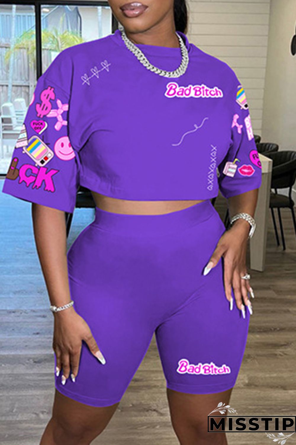 White Casual Print Basic O Neck Half Sleeve Two Pieces