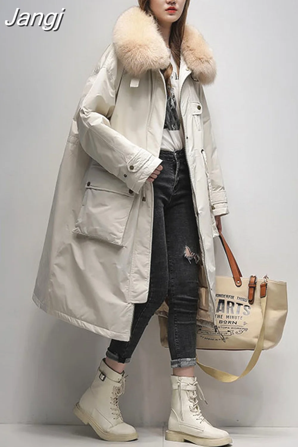 Jangj Winter 90% White Duck Down Coat Real Fur Hooded Jacket Casual Big Pocket Thick Parkas Loose Jackets Windproof Snow Outwear