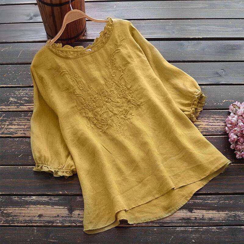 Women Embroidery Loose Solid Color Cotton Blouses&Shirts