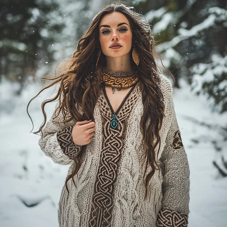 Women's Viking Tribal Witch Inspired Celtic Chunky Knit V-neck Sweater