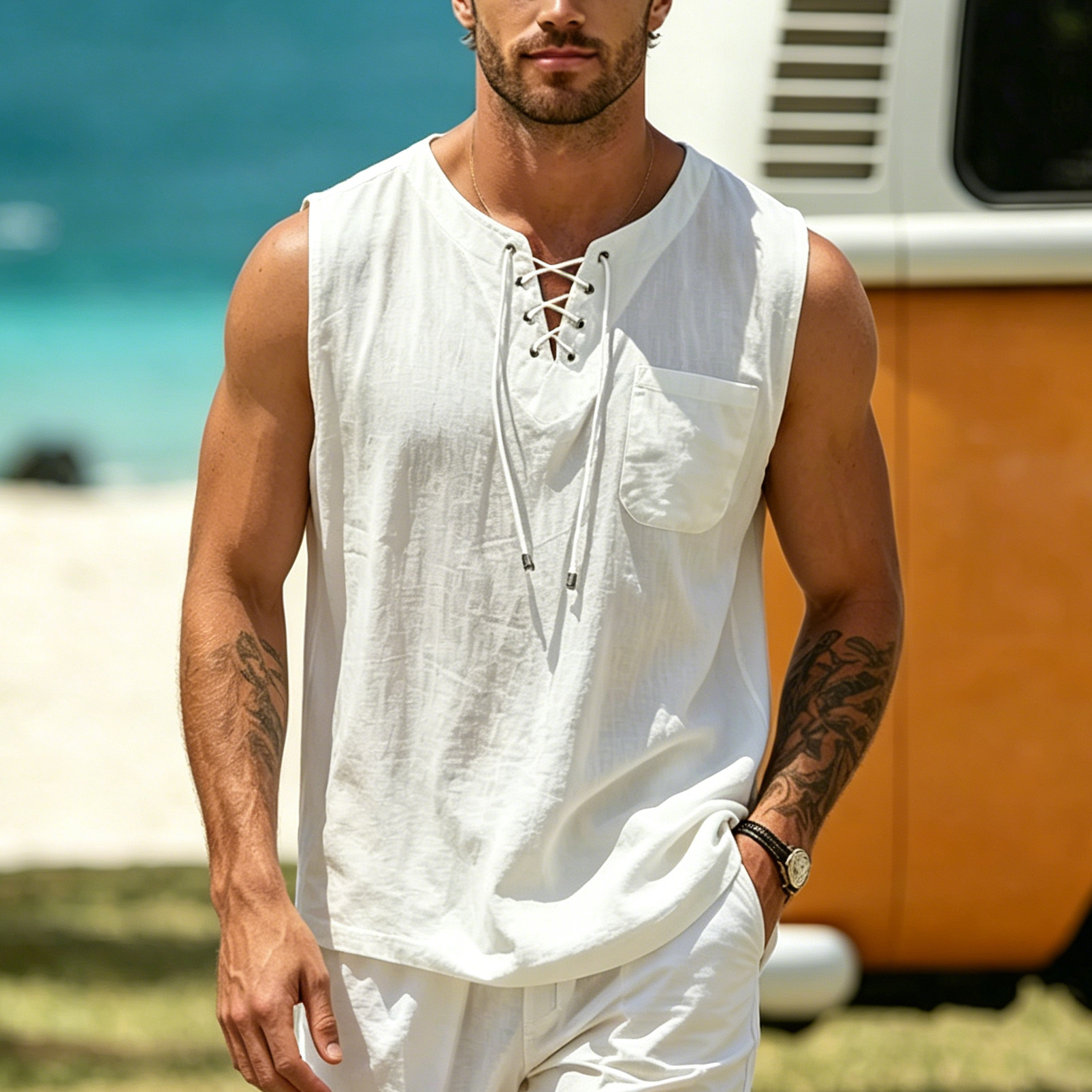 thesupersurf Men's Retro Vacation Cotton Linen Sleeveless Lace-Up Tank Top 