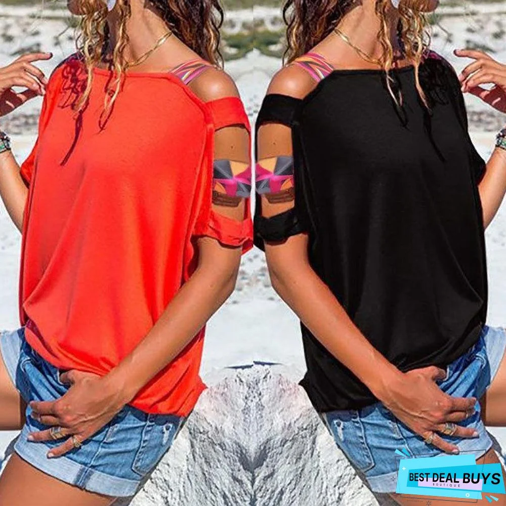 Women Bare Shoulder T-Shirt Vintage Boho Print Cold Shoulder Tunic Loose T-Shirt