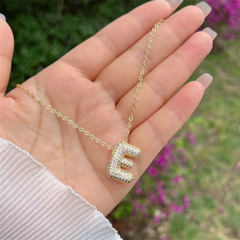 Copper 18K Gold Plated Hip-Hop Minimalist Classic Style Polishing Inlay Letter Zircon Pendant Necklace