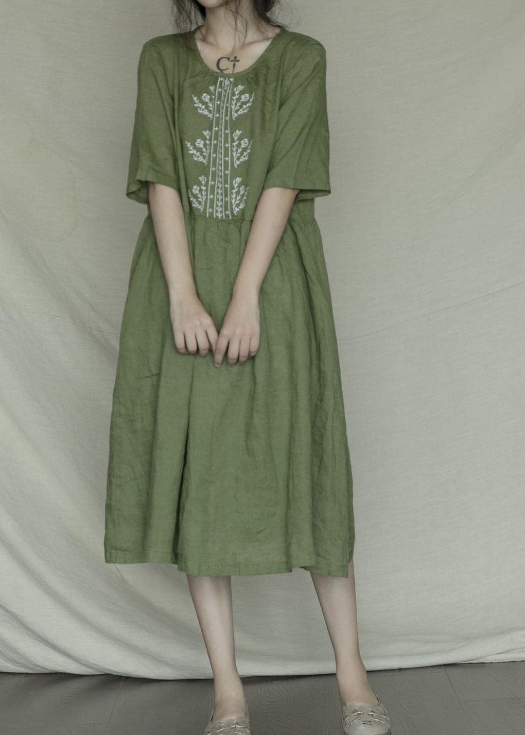 Bohemian Green Embroideried Casual Linen Dress Short Sleeve CK389- Fabulory