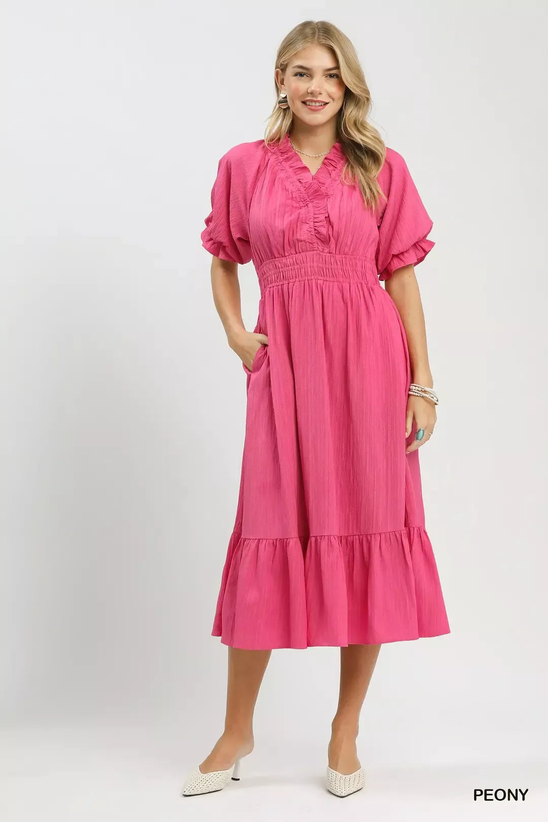 Umgee Ruffle V-Neck Midi Dress mysite idetrend