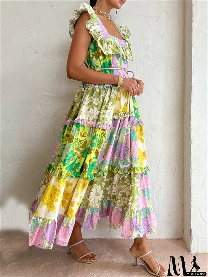 MidiSono - Women's Fashion Square Neck Sleeveless Multicolor Splicing Dress