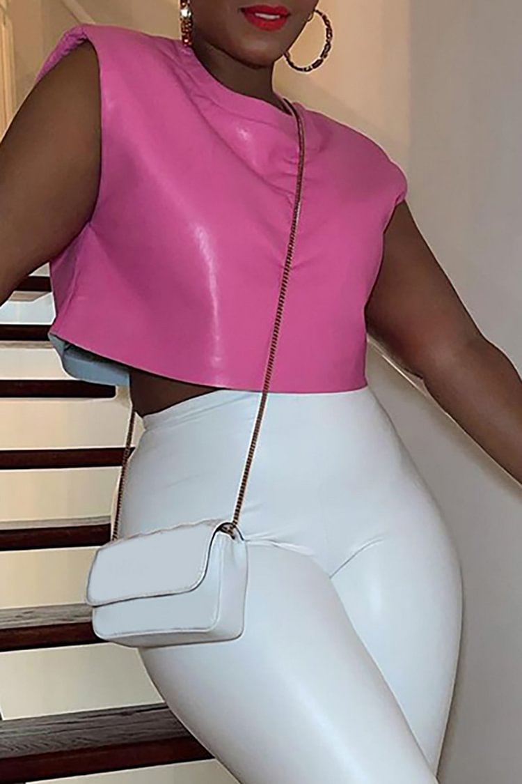 Xpluswear Plus Size Pink Daily Round-neck Sleeveless Pu-leather Tank Tops [Pre-Order]