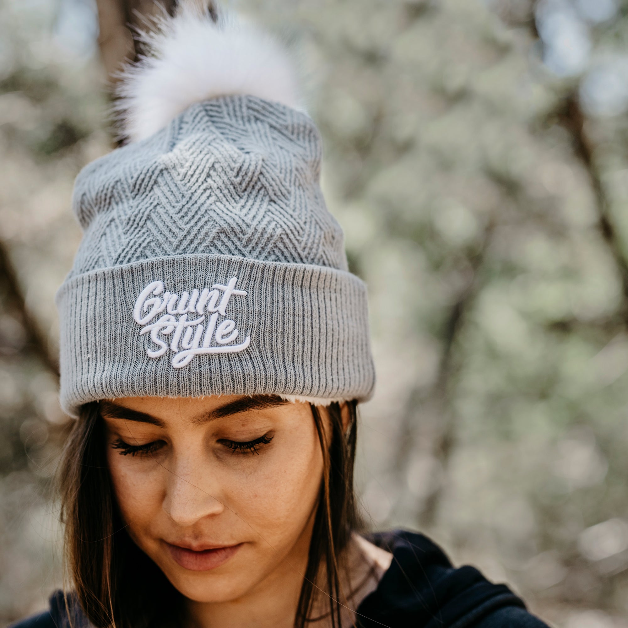 Fleece Lined Pom-Pom Beanie - Light Grey mysite Money