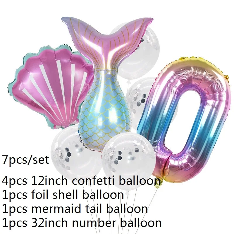 7pcs Mermaid Party Balloons 0 1 2 3 4 5 6 7 8 9 Number Foil Balloon Kids Birthday Party Decorations Baby Shower Helium Globos