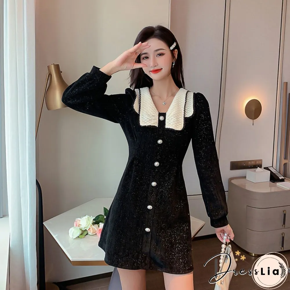 Luxury French Corduroy Mini Dress Womens Elegant Pearl Button Party Evening Classic Black