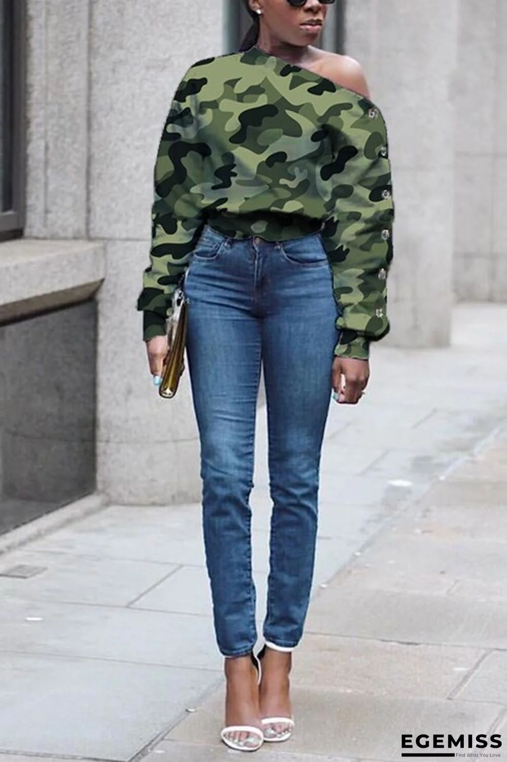 Green One Shoulder Collar Long Sleeve asymmetrical Print Camouflage Long Sleeve Tops | EGEMISS