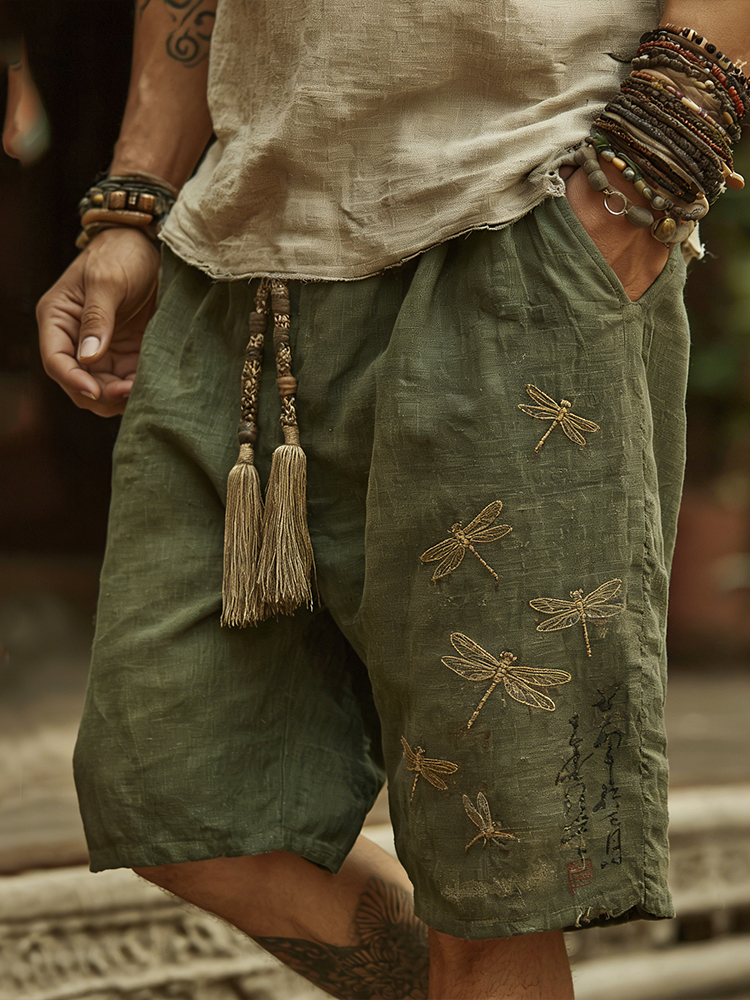 Japanese Art Embroidery Dragonfly Green Shorts  artssus