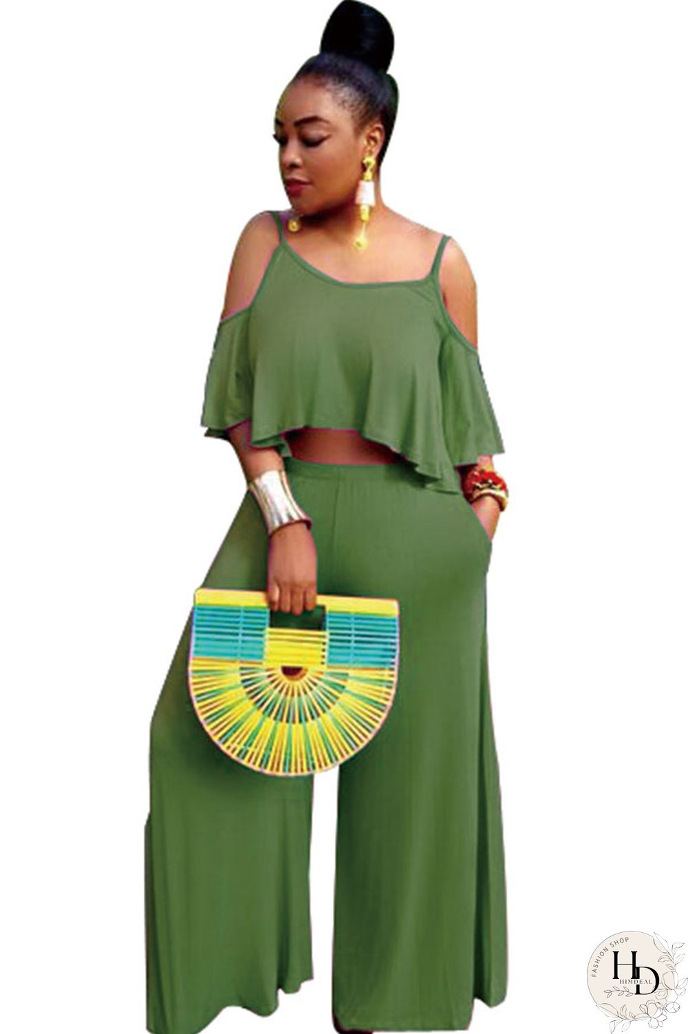 Yellow Polyester Sexy Fashion Patchwork ruffle Solid Straight Half Sleeve Two-piece Pants Set