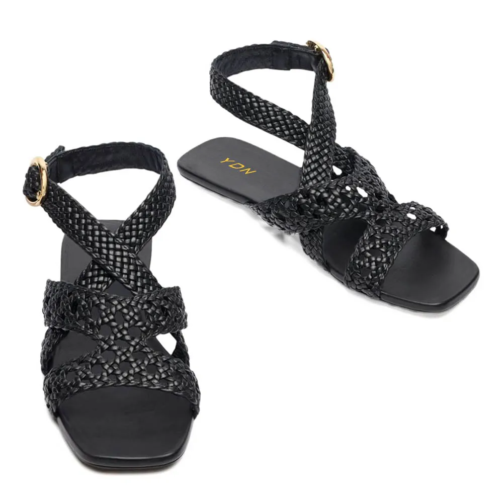 Open Square Toe Braided Strappy Flat Summer Sandals in Black