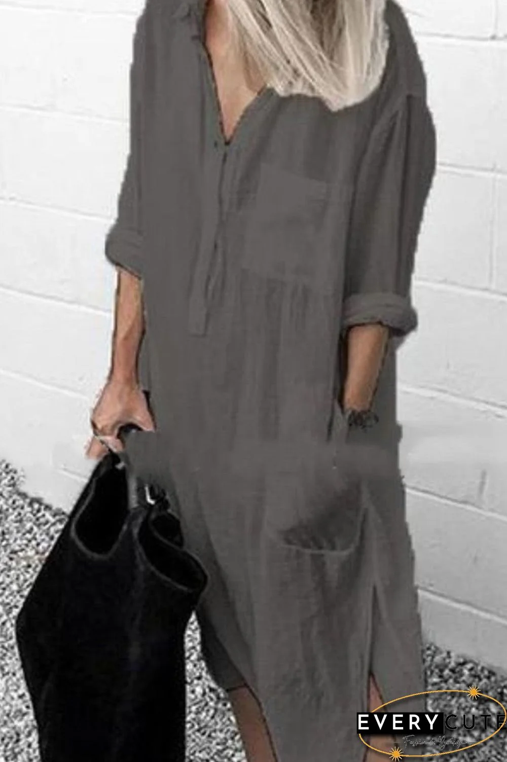 Casual Solid Color Split Shirt Dress
