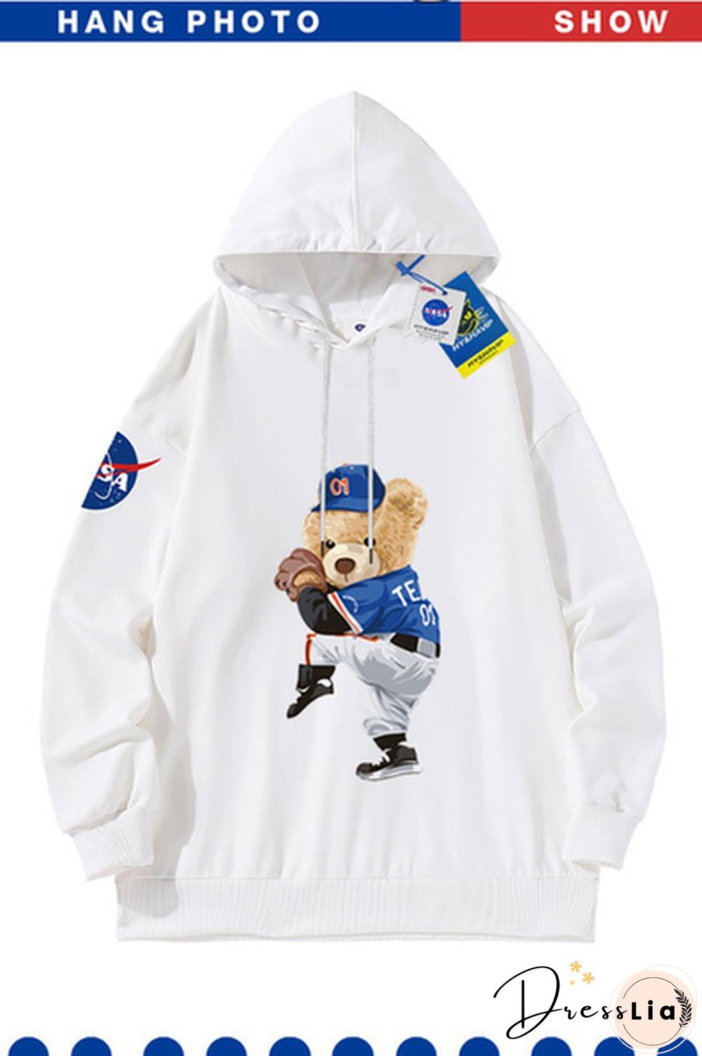 Unisex Hooded Sweater Bear Baseball Long-Sleeved Tops Nasa Tide Brand Pullovers Sweatshirts