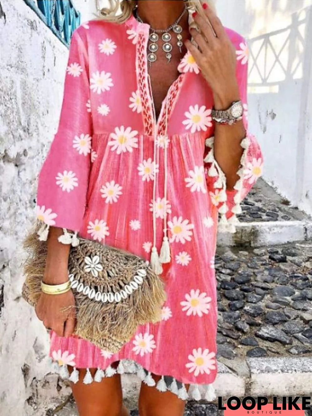 Women's A Line Dress Knee Length Dress Blushing Pink 3/4 Length Sleeve Print Summer V Neck Hot Casual Boho