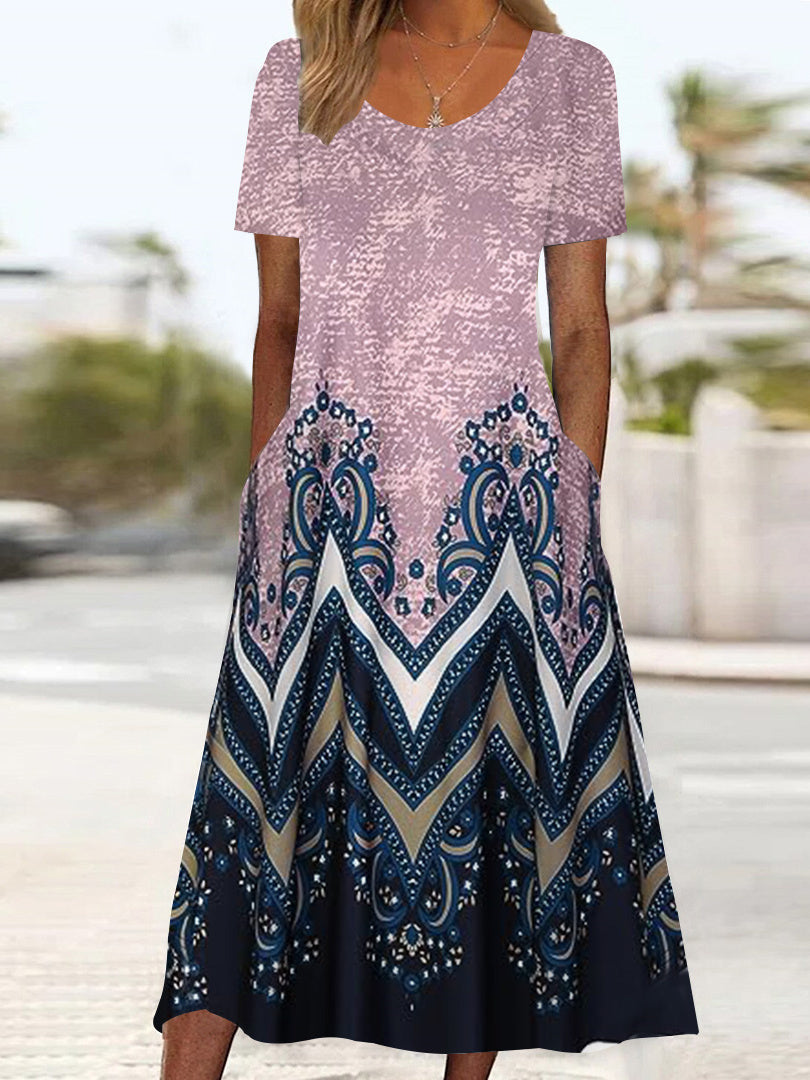 Women's Short Sleeve Scoop Neck Graphic Floral Printed Midi Dress