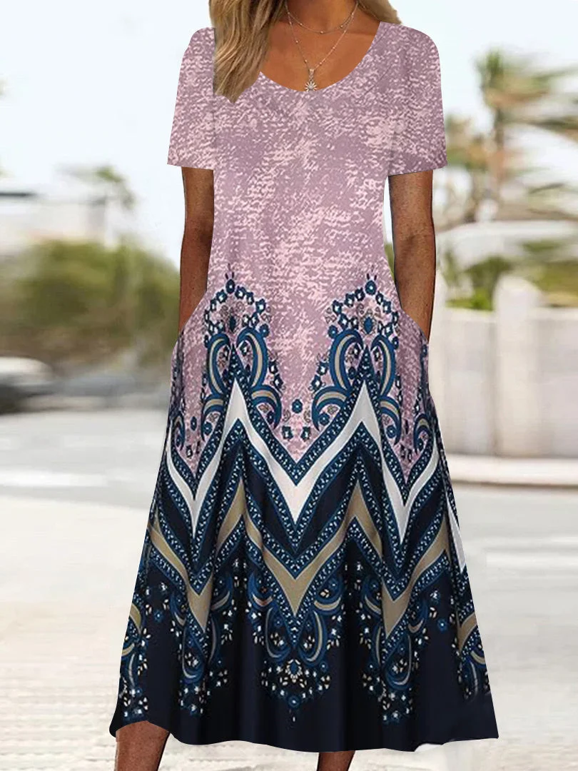 Women's Short Sleeve Scoop Neck Graphic Floral Printed Midi Dress