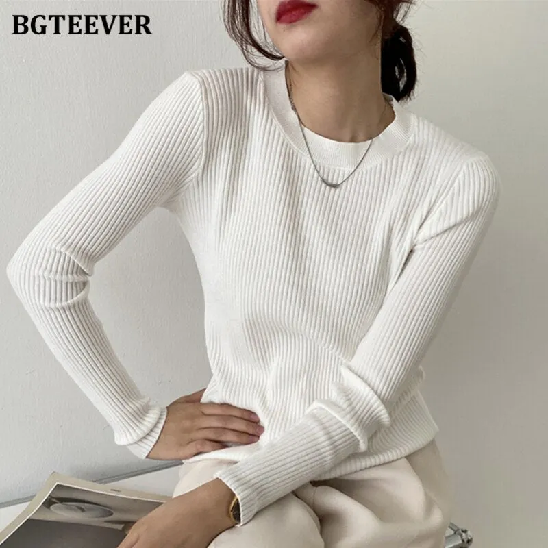 BGTEEVER Fashion New Autumn O-neck Slim Women Sweater 2021 Full Sleeve Stretched Casual Knitwear Skinny Female Knitting Tops