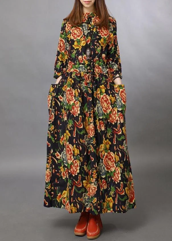 Loose Stand Collar Half Sleeve Spring Tunics For Women Black peony Maxi Dresses