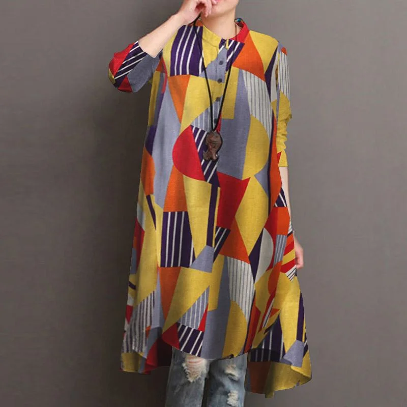 2022 ZANZEA Autumn Women's Asymmetrical Blouse Vintage Printed Long Shirts Casual Long Sleeve Blusas Button Tops Tunic