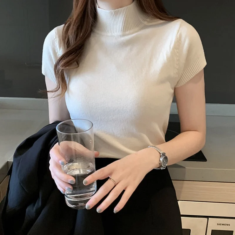 Korean Clothing Khaki Knitted Women Tops Women's Turtleneck Blouse Summer Casual Slim Short Sleeve Blouses Top Blusas Mujer 8622