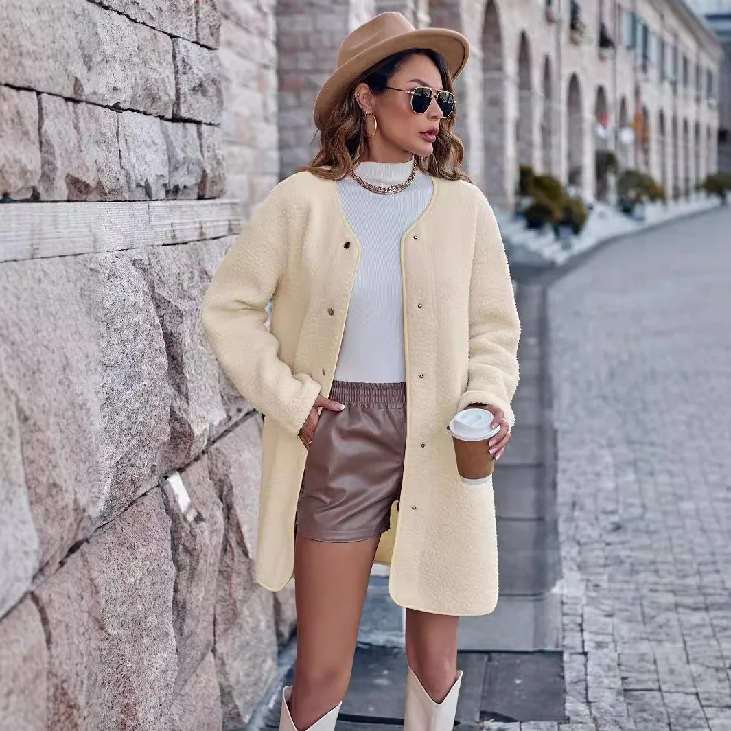 Woherb Woherb And Thick Women's Wear Fall / Winter 2024 Casual Solid Color Round Collar Single-Breasted Long-Sleeved Coat-Outfit Ideas