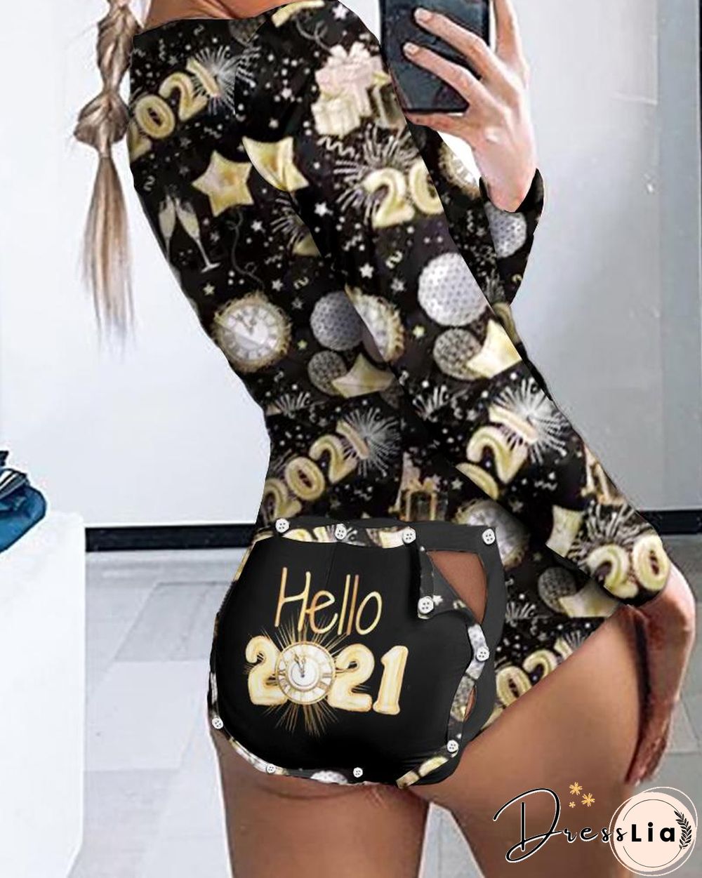 Christmas Print Long Sleeve Functional Buttoned Flap Romper