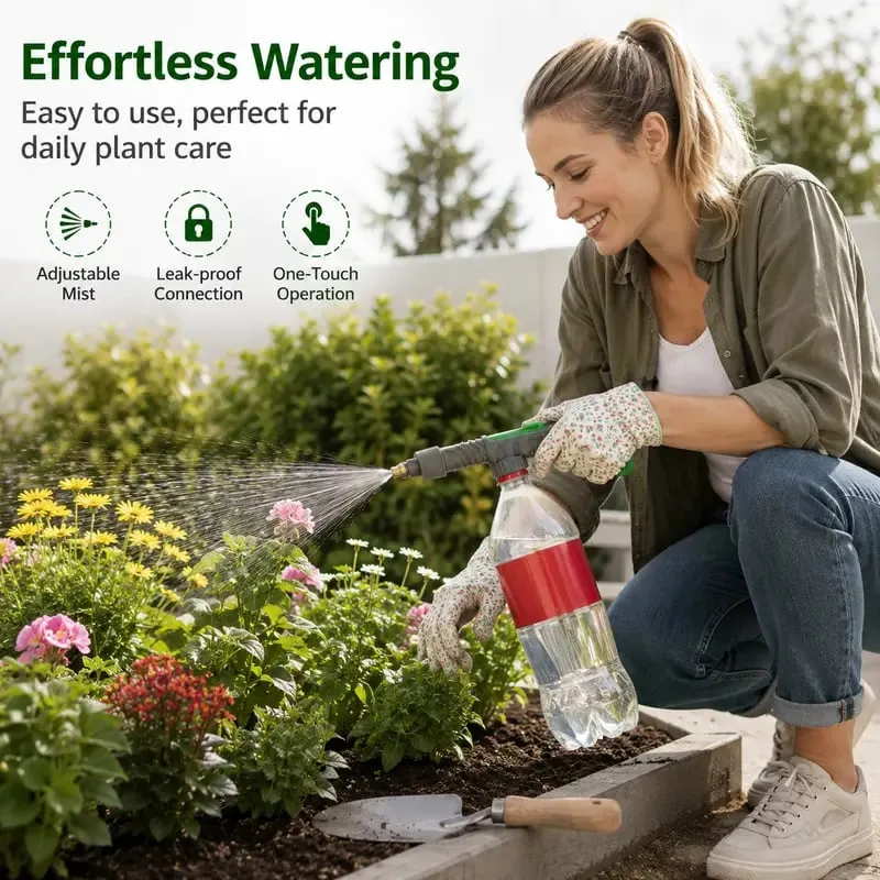 Ergonomic pump handle on manual plant sprayer nozzle