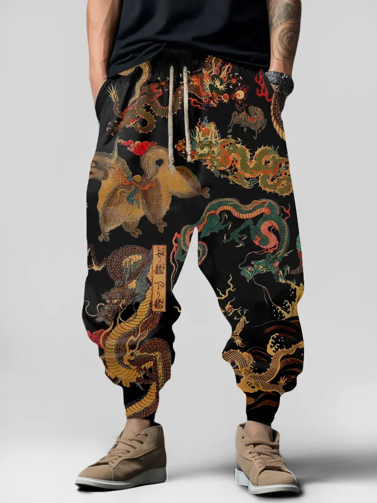 Men's Japanese Art Dragon Element Pattern Print Retro Sweatpants