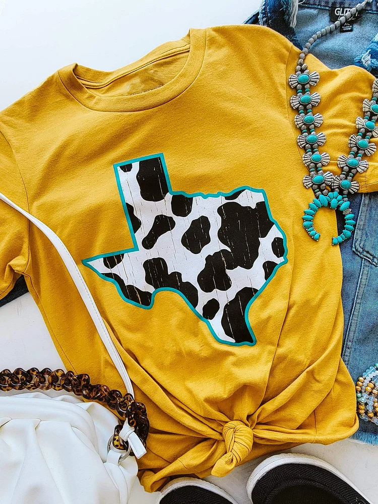 Texas Cow Print Mustard YellowWomens T-Shirt