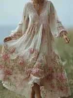 Retro Pink Rose Design V-neck Long-sleeve Casual Dress