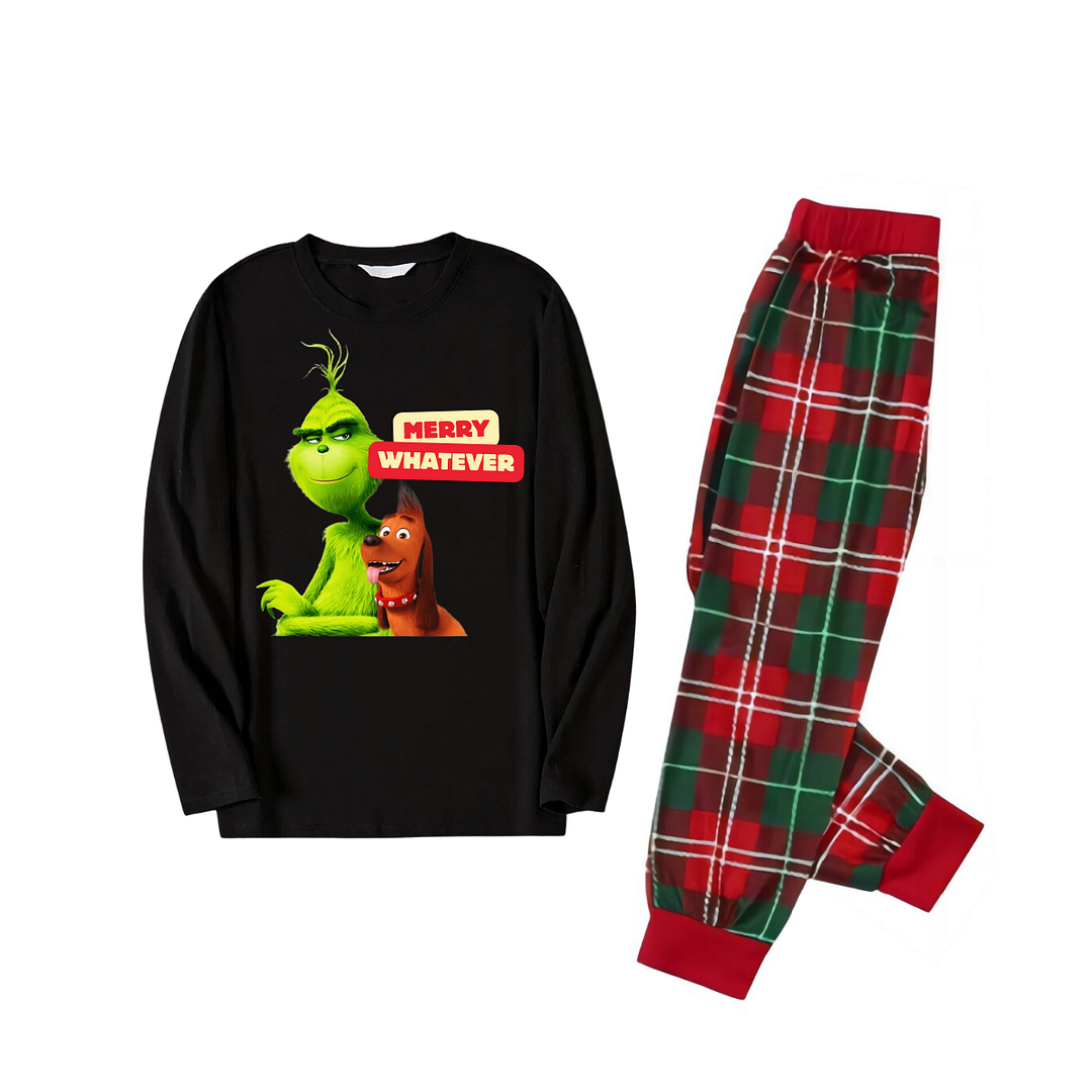"Merry Whatever" Slogan and Cartoon Pattern Printed Red and Green Plaid Family Matching Pajamas