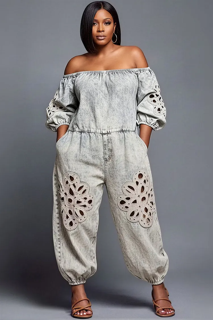 Xpluswear Design Plus Size Vacation White Off The Shoulder Half Sleeve Cut Out Pocket Denim Jumpsuits [Pre-Order] 2024 - Xpluswear