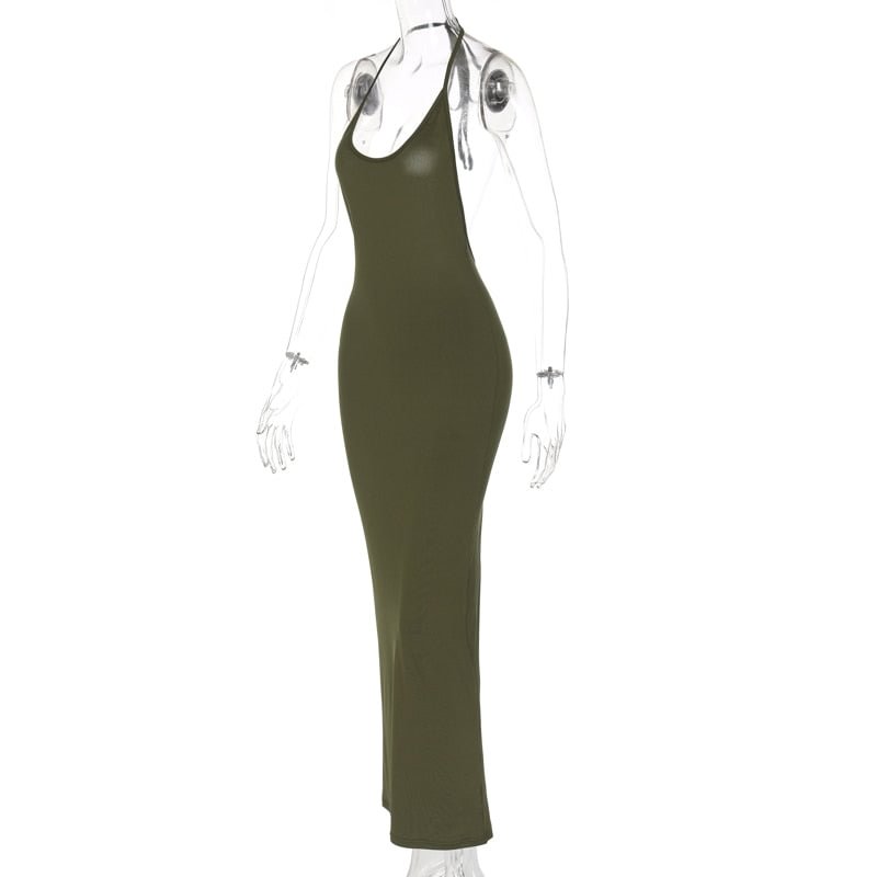 Hugcitar Solid Halter Sleeveless Backless Slim Sexy Maxi Dress 2022 Spring Women Elegant Streetwear Party Y2K Clothing Concise