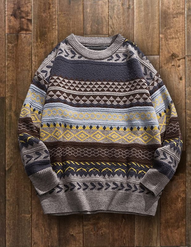 Men's Round Neck Pullover Sweater Loose Vintage Knit Top
