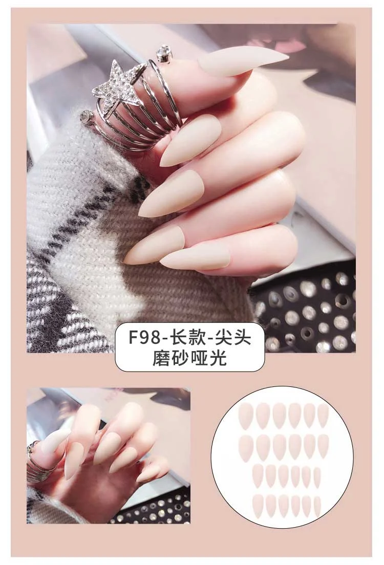 24Pcs Charming Fake False Nails Tips Wine Red Pointed Head Full Cover Nail Tips Long Style Nude Artificial Flase Nails with Glue-Nail Inspo