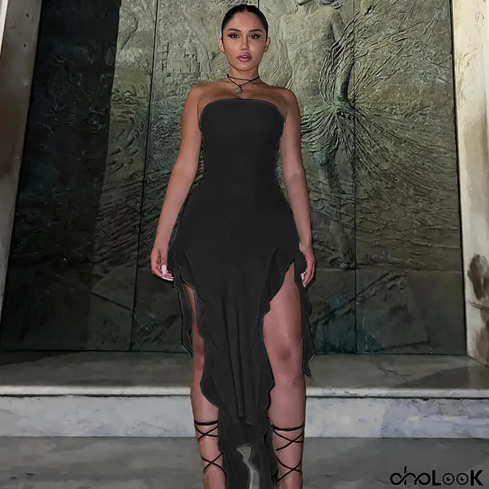 Women Off Shoulder mesh Patchwork Ruffled Slit Dress