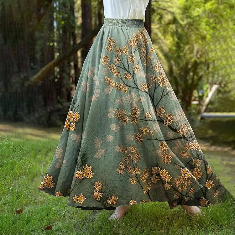 VChics Vintage Three-dimensional Gradient Flower Painting Art Linen Blend Skirt