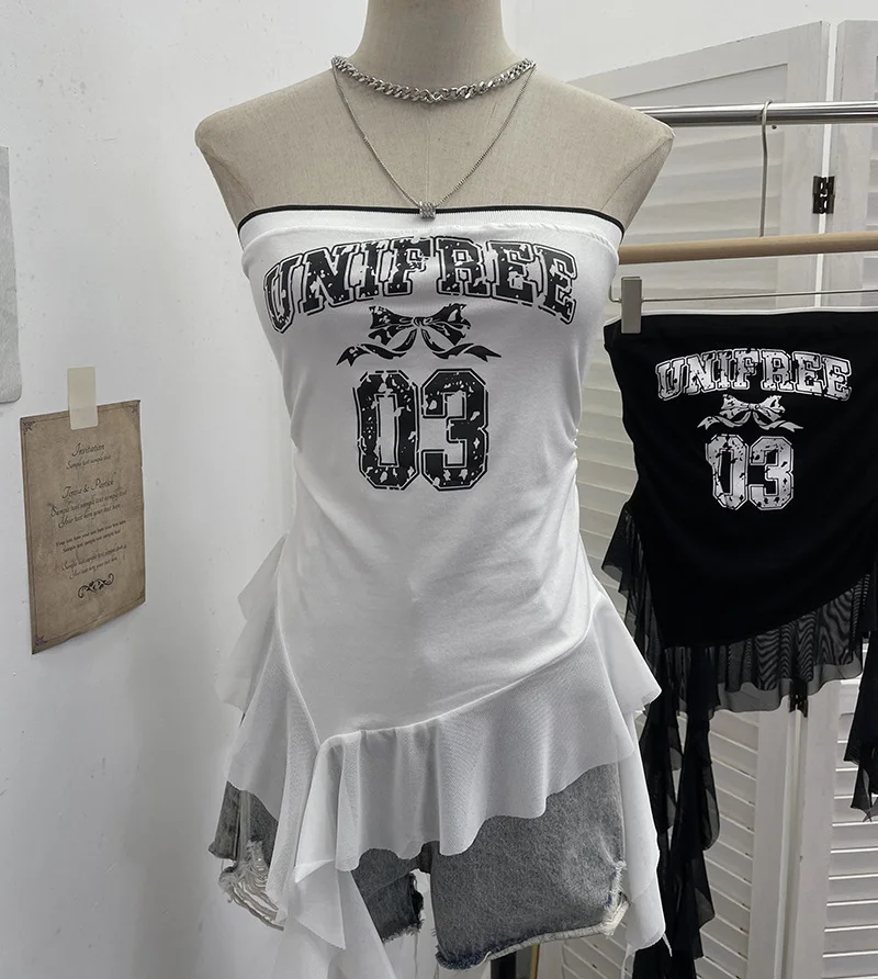 Nigikala Nigikala Shooting Retro Letter Print Bump Color Palette Vest Body Splicing Mesh Yarn With Hottie Top 8089