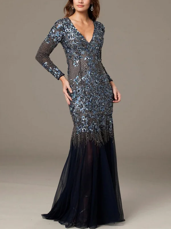V-Neck Long Sleeves Sequin Solid Color Maxii Dress
