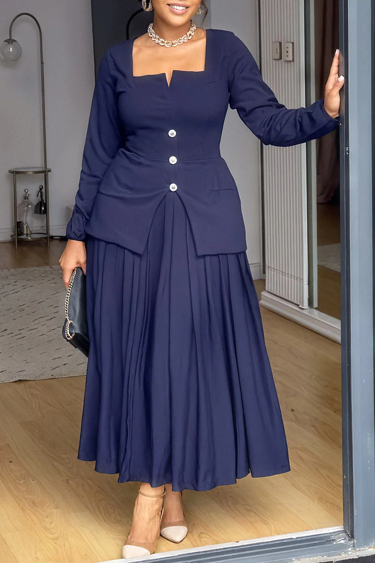 Plus Size Business Casual Black Square Neck Long Sleeve Pleated Elegant Two Piece Skirt Sets [Pre-Order] 2024 - Xpluswear