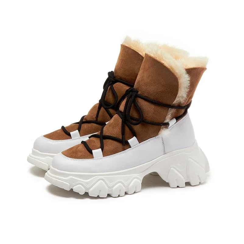 Meotina Genuine Leather Platform High Heel Short Boots Women Fur Snow Boots Shoes Lace Up Thick Heels Ankle Boots Winter Black