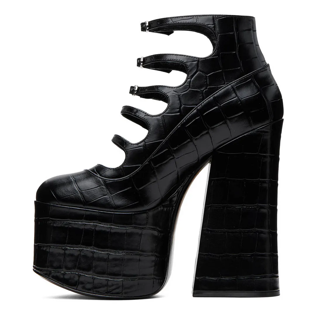 Black Croco Embossed Chunky Heel Buckle Strap Platform Pumps