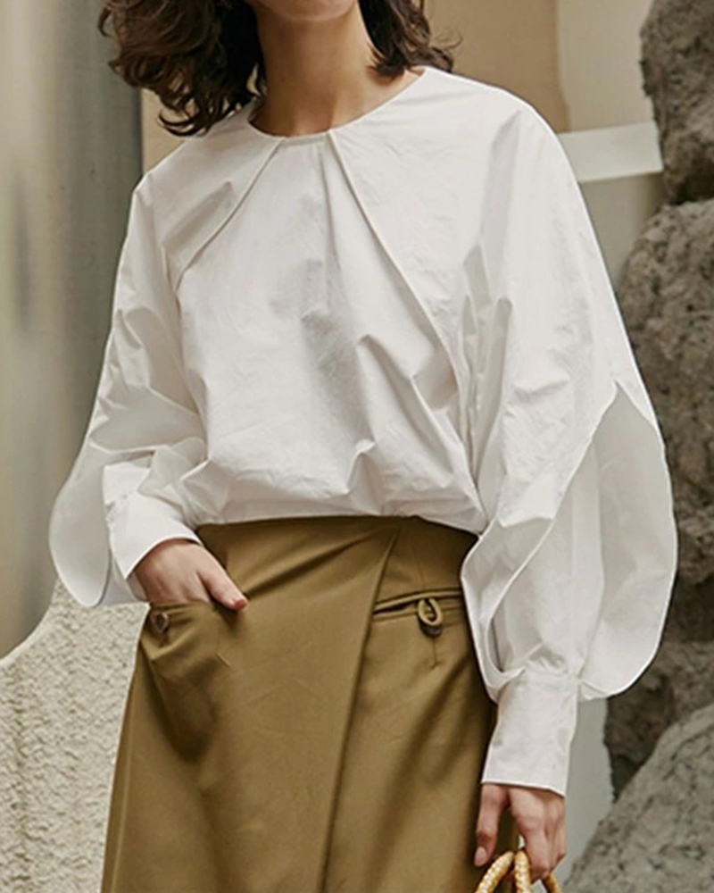 Balloon Sleeve Pleated Detail Round Neck Solid Color Top