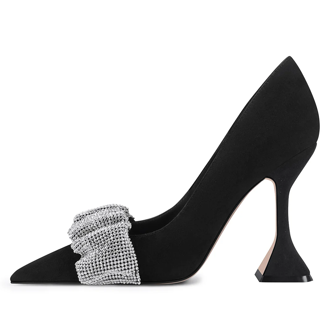 Black Faux Suede Rhinestone Band Inlay Elegant Pumps with Flared Heel