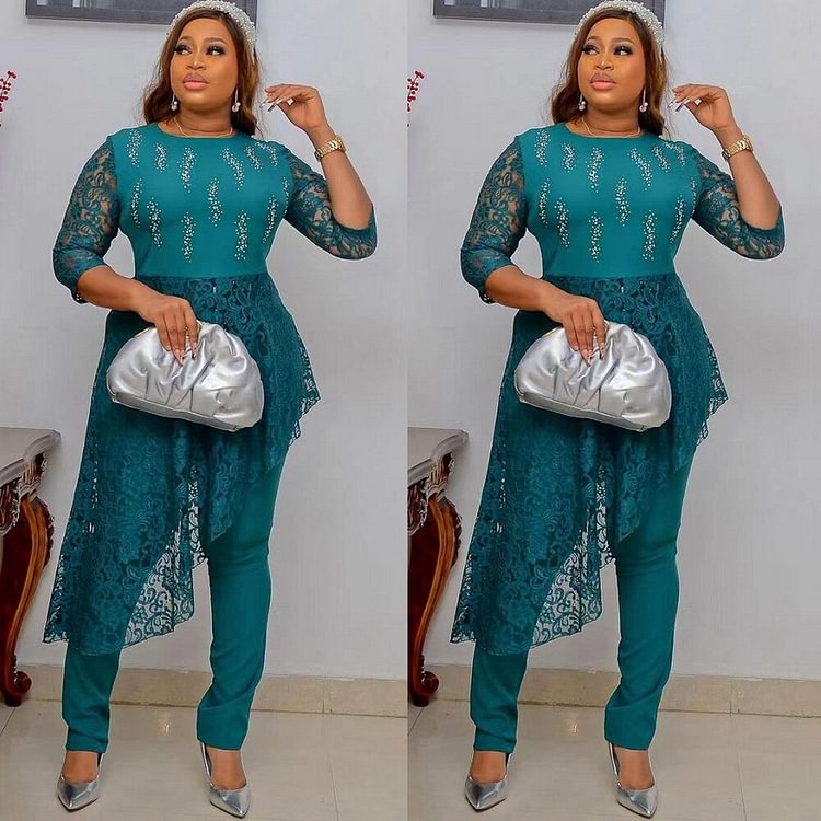 African Americans fashion QFY Luxury Lace 2 Piece Set Plus SizeTops Pants Suit African Women Robes Dashiki Outfits Vetement Femme 2022 Summer Lady Vestido Ankara Style QueenFunky